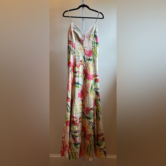 NEW Hutch Baldwin Linen Maxi Dress Sz M Taupe Tropical Floral Lace Trim - Picture 9 of 12